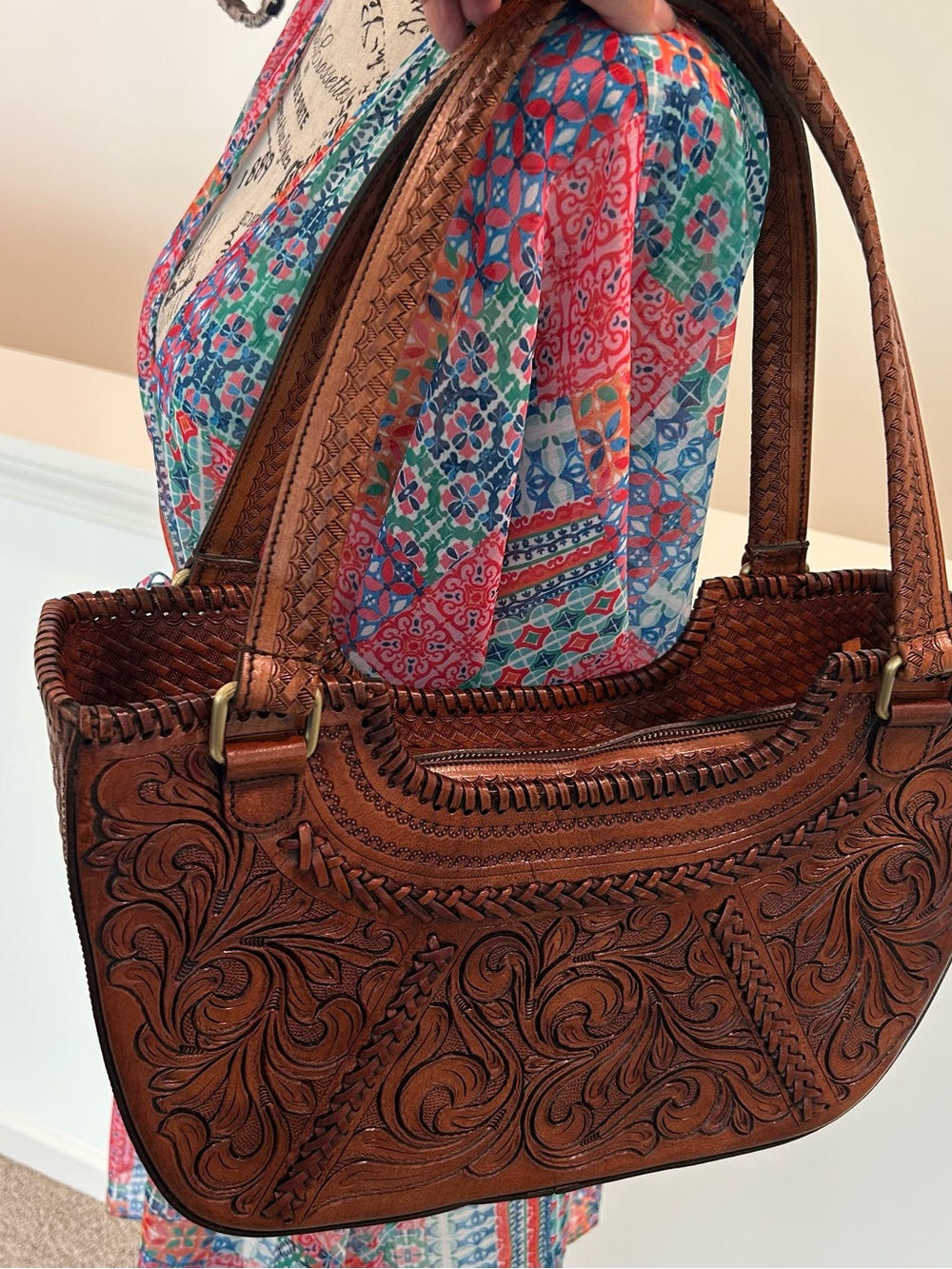 New Vilenca Hand-Tooled Leather Tote Bag - Brown - Picture 2 of 14